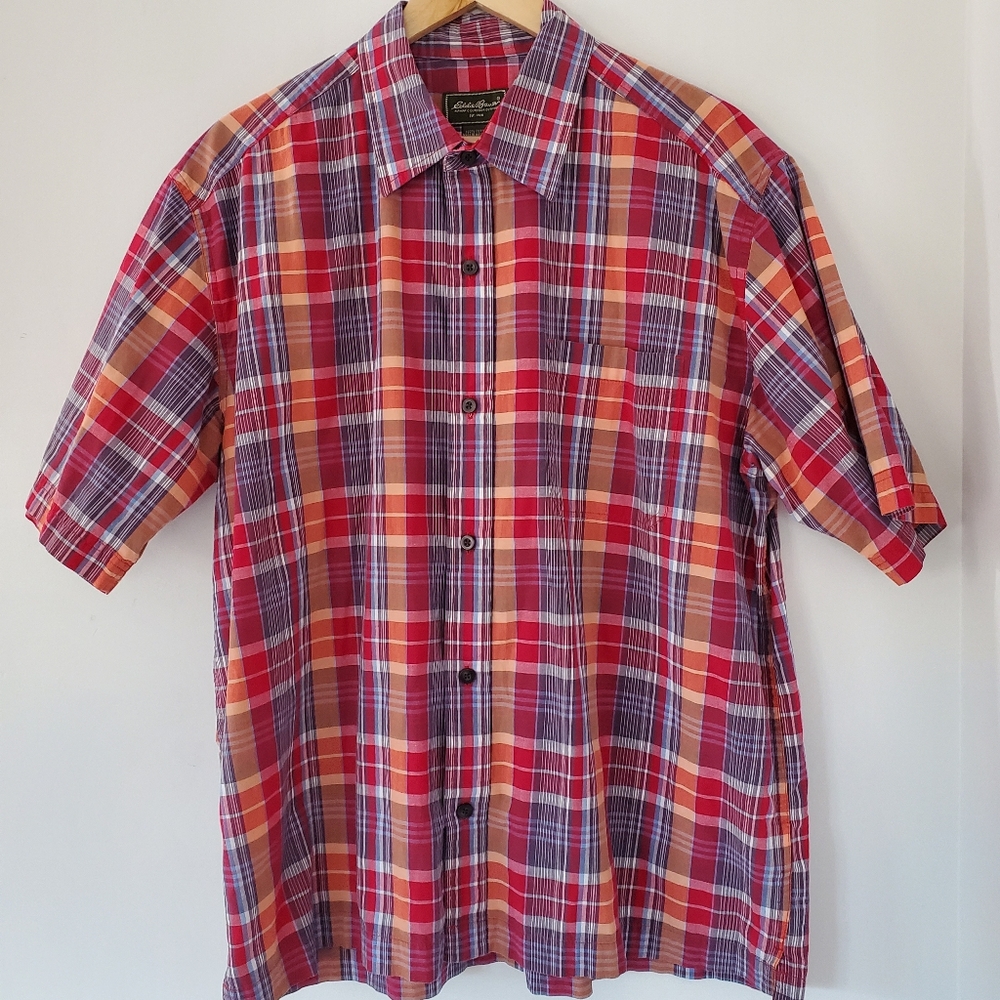 EDDIE BAUER Men XL Red Orange Madras Plaid SS Button Down Shirt Cotton Dad Vacay